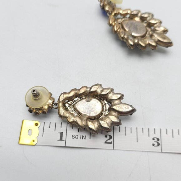 Vintage 1980s Blue Clear Rhinestone Bling Drop Earrings Silver Tone Backing - Picture 5 of 5